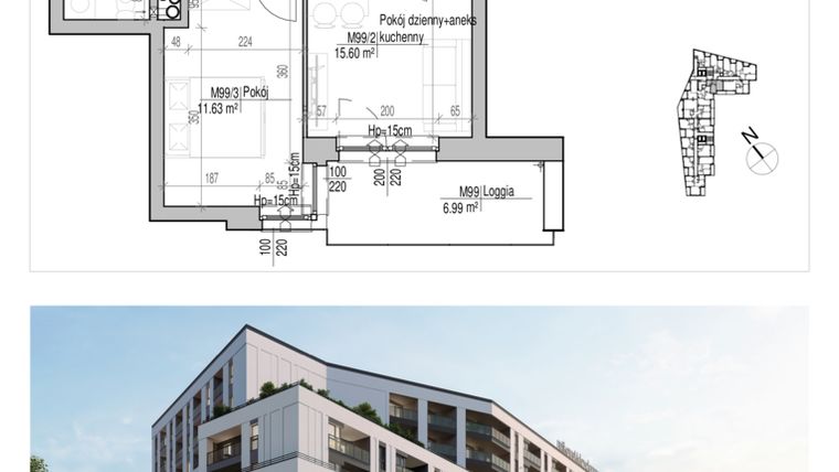 Rzut - Mieszkanie na sprzedaż 2 pokoje o powierzchni 37,09 m² - numer 99 w Aleja