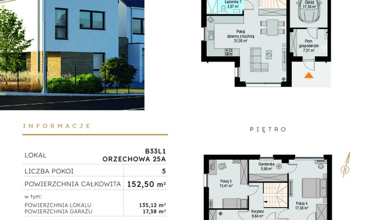Rzut - Dom na sprzedaż 5 pokoi o powierzchni 152,5 m² - numer B33L1 w Szczodre etap V
