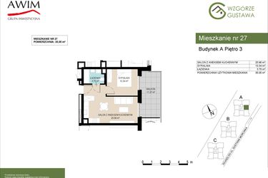 Rzut - Mieszkanie na sprzedaż 2 pokoje o powierzchni 35,05 m² - numer A27 w Wzgórze Gustawa