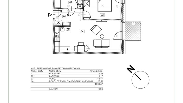 Rzut - Mieszkanie na sprzedaż 2 pokoje o powierzchni 49,24 m² - numer I.M15 w Osiedle Glivia Zachodnia