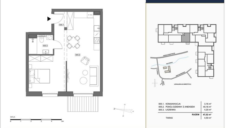 Rzut - Mieszkanie na sprzedaż 2 pokoje o powierzchni 47,52 m² - numer A.005 w Nowa Młynówka