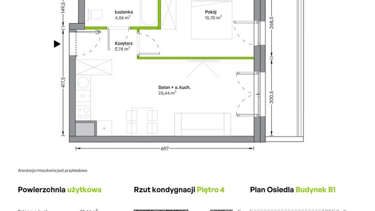 Rzut - Mieszkanie na sprzedaż 2 pokoje o powierzchni 37,98 m² - numer B.04.01.07 w WUWA Vita
