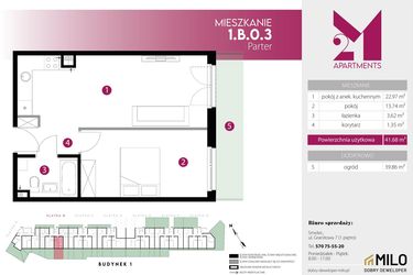 Rzut - Mieszkanie na sprzedaż 2 pokoje o powierzchni 41,68 m² - numer 1.B.0.3 w 2M Apartments etap IV