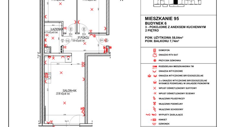Rzut - Mieszkanie na sprzedaż 3 pokoje o powierzchni 58,04 m² - numer 6.95 w Osiedle 4 Pory Roku - Etap VII