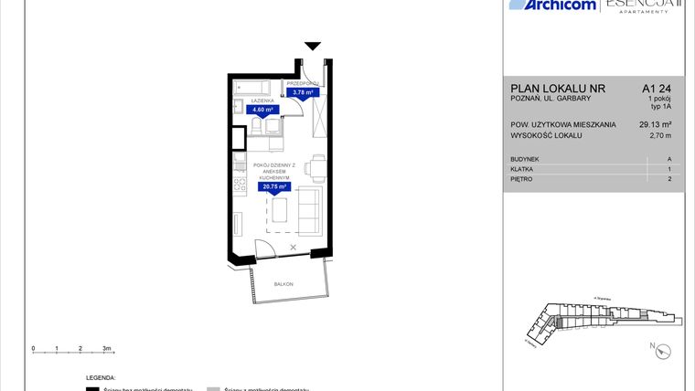 Rzut - Mieszkanie na sprzedaż 1 pokój o powierzchni 29,05 m² - numer A1.24 w Apartamenty Esencja II
