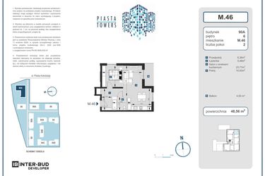 Rzut - Mieszkanie na sprzedaż 2 pokoje o powierzchni 48,56 m² - numer 46 w Piasta Towers bud. 90A