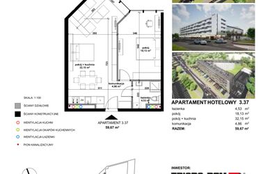 Rzut - Mieszkanie na sprzedaż 2 pokoje o powierzchni 59,07 m² - numer 3.37 w Apartamentowiec Zwycięska 3 - inwestycyjne
