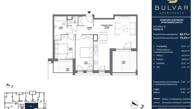 Rzut - Mieszkanie na sprzedaż 3 pokoje o powierzchni 81,61 m² - numer G.4.32 w Bulvar Apartments - etap I