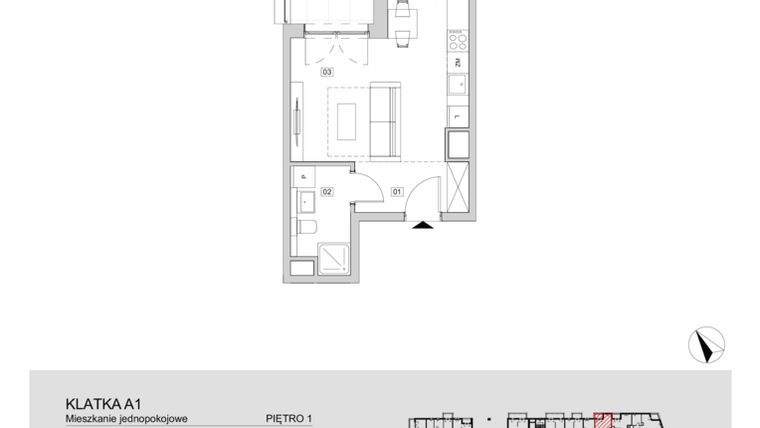 Rzut - Mieszkanie na sprzedaż 1 pokój o powierzchni 28,8 m² - numer A1.1.03 w ATAL Floriana