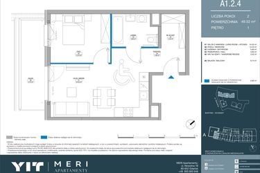Rzut - Mieszkanie na sprzedaż 2 pokoje o powierzchni 49,53 m² - numer A.1.2.4 w Meri Apartamenty
