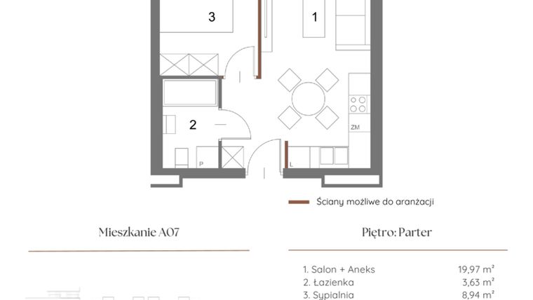 Rzut - Mieszkanie na sprzedaż 2 pokoje o powierzchni 33,1 m² - numer A07 w Dąbrowskiego 9
