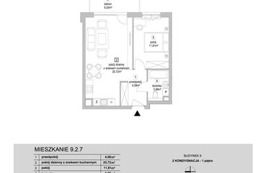Rzut - Mieszkanie na sprzedaż 2 pokoje o powierzchni 45,6 m² - numer 9.2.7 w Osiedle Przyjemne IV