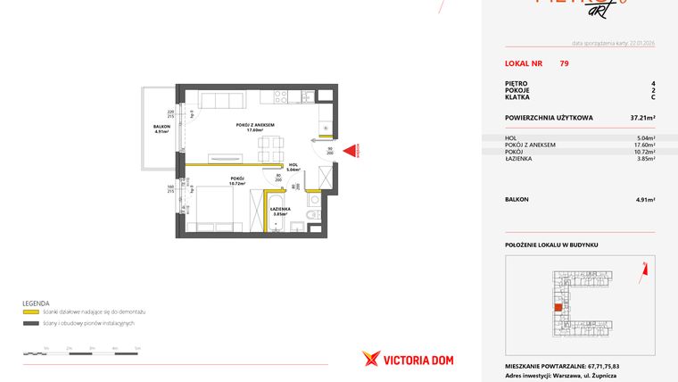 Rzut - Mieszkanie na sprzedaż 2 pokoje o powierzchni 37,21 m² - numer 79 w Metro Art 6