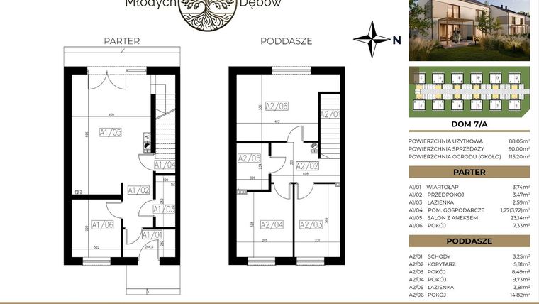 Rzut - Dom na sprzedaż 4 pokoje o powierzchni 90 m² - numer 7A w Osiedle Młodych Dębów