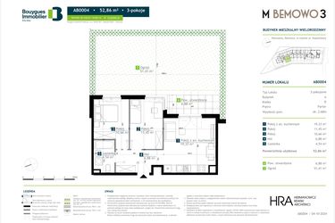 Rzut - Mieszkanie na sprzedaż 3 pokoje o powierzchni 52,86 m² - numer AB0004 w M Bemowo 3