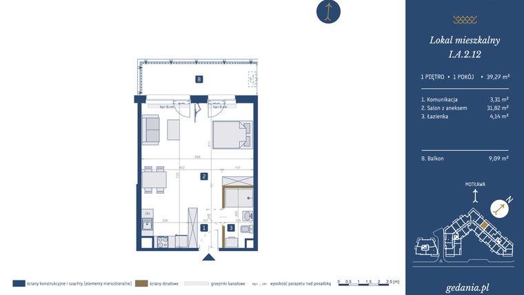 Rzut - Mieszkanie na sprzedaż 1 pokój o powierzchni 39,27 m² - numer I.A.2.12 w GEDANIA Riverside Living