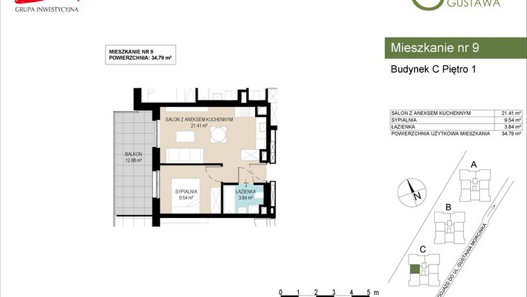 Rzut - Mieszkanie na sprzedaż 2 pokoje o powierzchni 34,79 m² - numer C9 w Wzgórze Gustawa