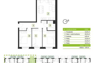 Rzut - Mieszkanie na sprzedaż 4 pokoje o powierzchni 76,06 m² - numer 1K1 M6 w Osiedle Krzeptów przy lesie