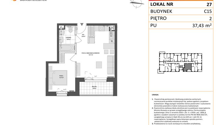Rzut - Mieszkanie na sprzedaż 2 pokoje o powierzchni 37,43 m² - numer C15.27 w Konstelacja etap VI