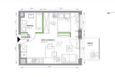 Rzut - Mieszkanie na sprzedaż 1 pokój o powierzchni 31,62 m² - numer 2/A/3/4 w Sochaczewska Vita