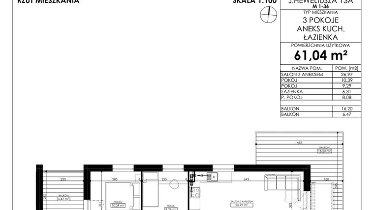 Rzut - Mieszkanie na sprzedaż 3 pokoje o powierzchni 61,04 m² - numer JAR-II-B-LM-M25 w Osiedle JAR Heweliusza etap II