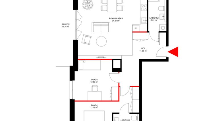 Rzut - Mieszkanie na sprzedaż 3 pokoje o powierzchni 77,79 m² - numer F.2.7 w INSPIRE ETAP V – bud. F, G