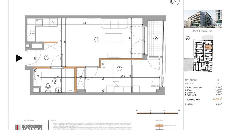 Rzut - Mieszkanie na sprzedaż 2 pokoje o powierzchni 44,96 m² - numer A3/6 w 5th Avenue Apartments
