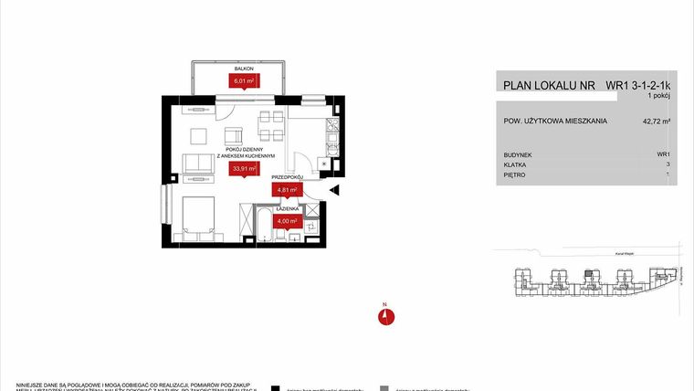 Rzut - Mieszkanie na sprzedaż 1 pokój o powierzchni 42,69 m² - numer WR1 3/1/2/1k w Przystań Reymonta