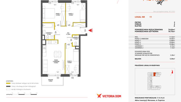 Rzut - Mieszkanie na sprzedaż 4 pokoje o powierzchni 74,04 m² - numer 11 w Metro Art 11