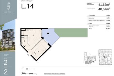 Rzut - Mieszkanie na sprzedaż 2 pokoje o powierzchni 41,62 m² - numer L14 w Sky Trust etap II - Apartamenty inwestycyjne