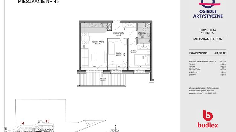 Rzut - Mieszkanie na sprzedaż 3 pokoje o powierzchni 49,65 m² - numer T4.45 w Artystyczne Osiedle - etap II