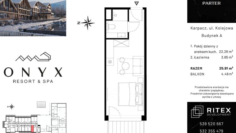 Rzut - Mieszkanie na sprzedaż 1 pokój o powierzchni 25,91 m² - numer 00.A2 w Onyx Resort & Spa