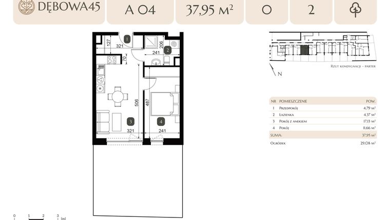 Rzut - Mieszkanie na sprzedaż 2 pokoje o powierzchni 37,95 m² - numer A.04 w Dębowa 45