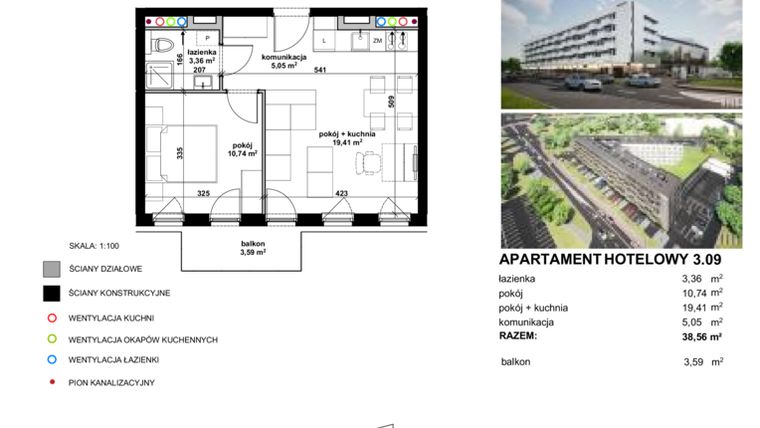 Rzut - Mieszkanie na sprzedaż 2 pokoje o powierzchni 38,43 m² - numer 3.09 w Apartamentowiec Zwycięska 3 - inwestycyjne