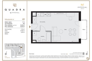 Rzut - Mieszkanie na sprzedaż 1 pokój o powierzchni 31,44 m² - numer 65 w QUADRA