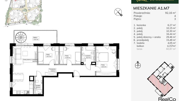 Rzut - Mieszkanie na sprzedaż 4 pokoje o powierzchni 92,16 m² - numer A1.M7 w Apartamenty przy Parku Szczytnickim