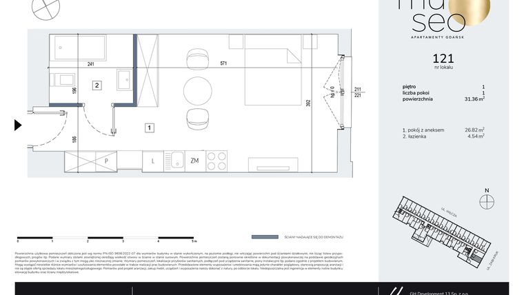 Rzut - Mieszkanie na sprzedaż 1 pokój o powierzchni 31,36 m² - numer 121 w Museo