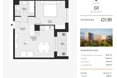 Rzut - Mieszkanie na sprzedaż 2 pokoje o powierzchni 39,58 m² - numer G1-91 w Piasta Park VI