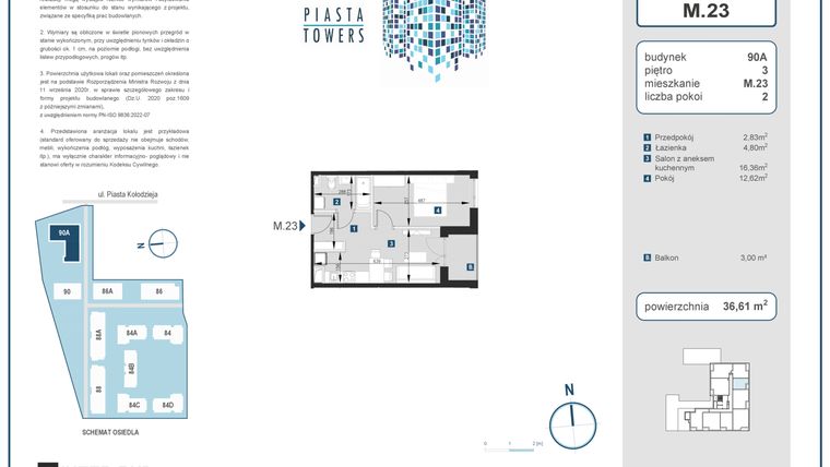 Rzut - Mieszkanie na sprzedaż 2 pokoje o powierzchni 36,61 m² - numer 23 w Piasta Towers bud. 90A