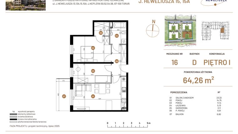 Rzut - Mieszkanie na sprzedaż 3 pokoje o powierzchni 64,26 m² - numer JAR-IV-D-LM-M16 w Osiedle JAR Heweliusza etap IV