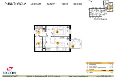 Rzut - Mieszkanie na sprzedaż 2 pokoje o powierzchni 43,49 m² - numer M24 w Punkt Wola
