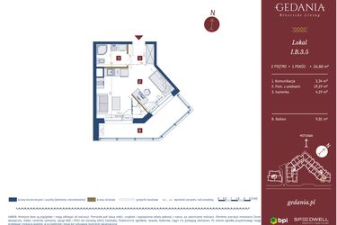 Rzut - Mieszkanie na sprzedaż 1 pokój o powierzchni 26,8 m² - numer I.B.3.5 w GEDANIA Riverside Living - apartamenty inwestycyjne