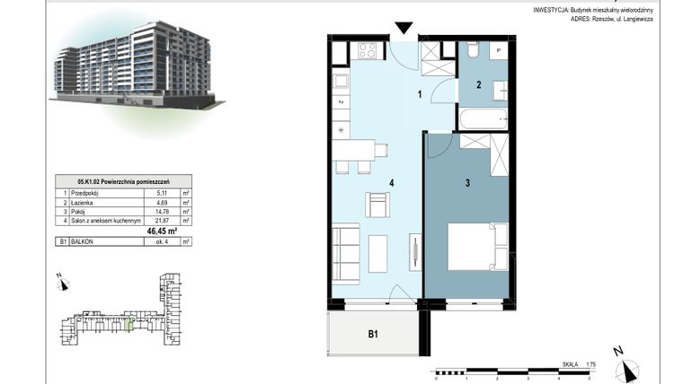 Rzut - Mieszkanie na sprzedaż 2 pokoje o powierzchni 46,45 m² - numer 05.K1.02 w Langiewicza 37
