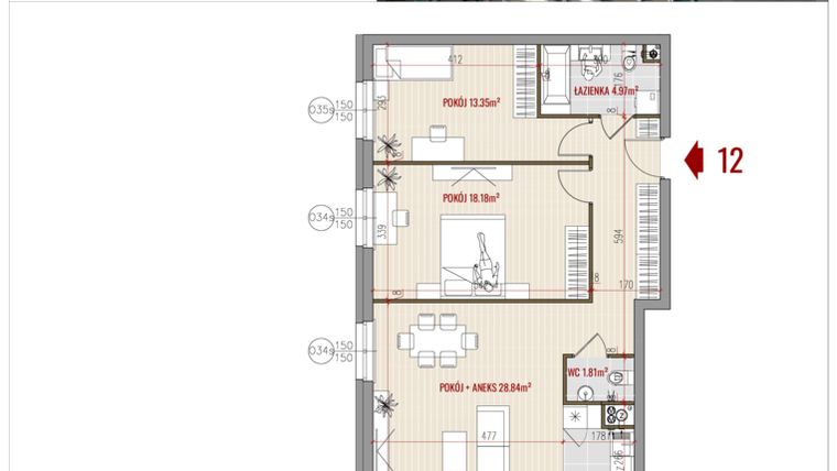 Rzut - Mieszkanie na sprzedaż 3 pokoje o powierzchni 77,13 m² - numer 12 w HUZAR B3