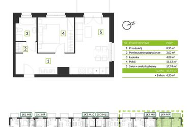 Rzut - Mieszkanie na sprzedaż 2 pokoje o powierzchni 43,92 m² - numer 1K4 M9 w Osiedle Krzeptów przy lesie