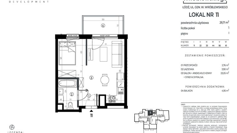 Rzut - Mieszkanie na sprzedaż 1 pokój o powierzchni 29,71 m² - numer A11 w Wróblewskiego