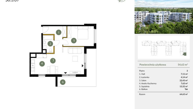 Rzut - Mieszkanie na sprzedaż 2 pokoje o powierzchni 54,63 m² - numer S6.3.07 w Ogrody Julianów