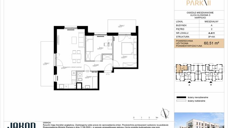 Rzut - Mieszkanie na sprzedaż 3 pokoje o powierzchni 60,51 m² - numer A.A11 w Merano Park II