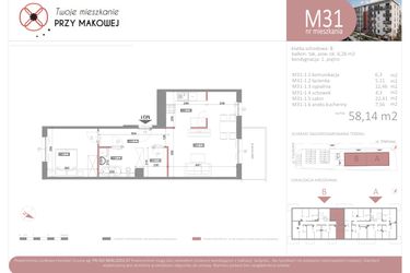 Rzut - Mieszkanie na sprzedaż 2 pokoje o powierzchni 58,14 m² - numer 31 w Przy Makowej