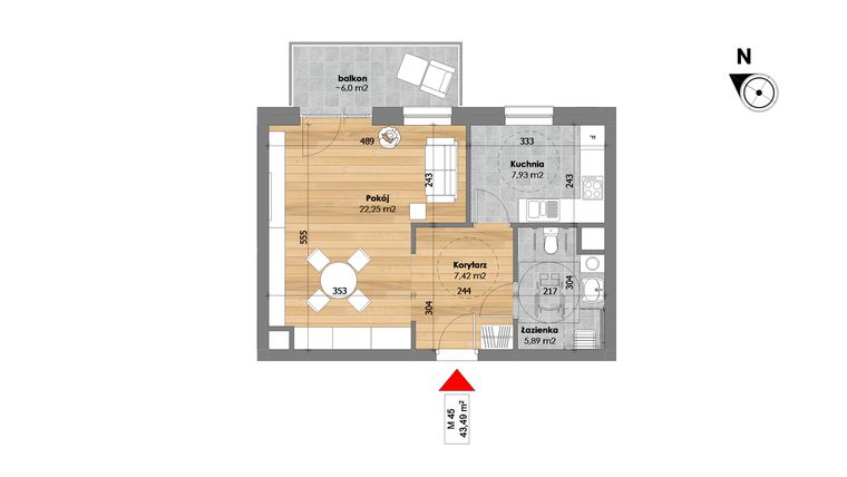 Rzut - Mieszkanie na sprzedaż 1 pokój o powierzchni 43,49 m² - numer M45 w Przy Kochanowskiego